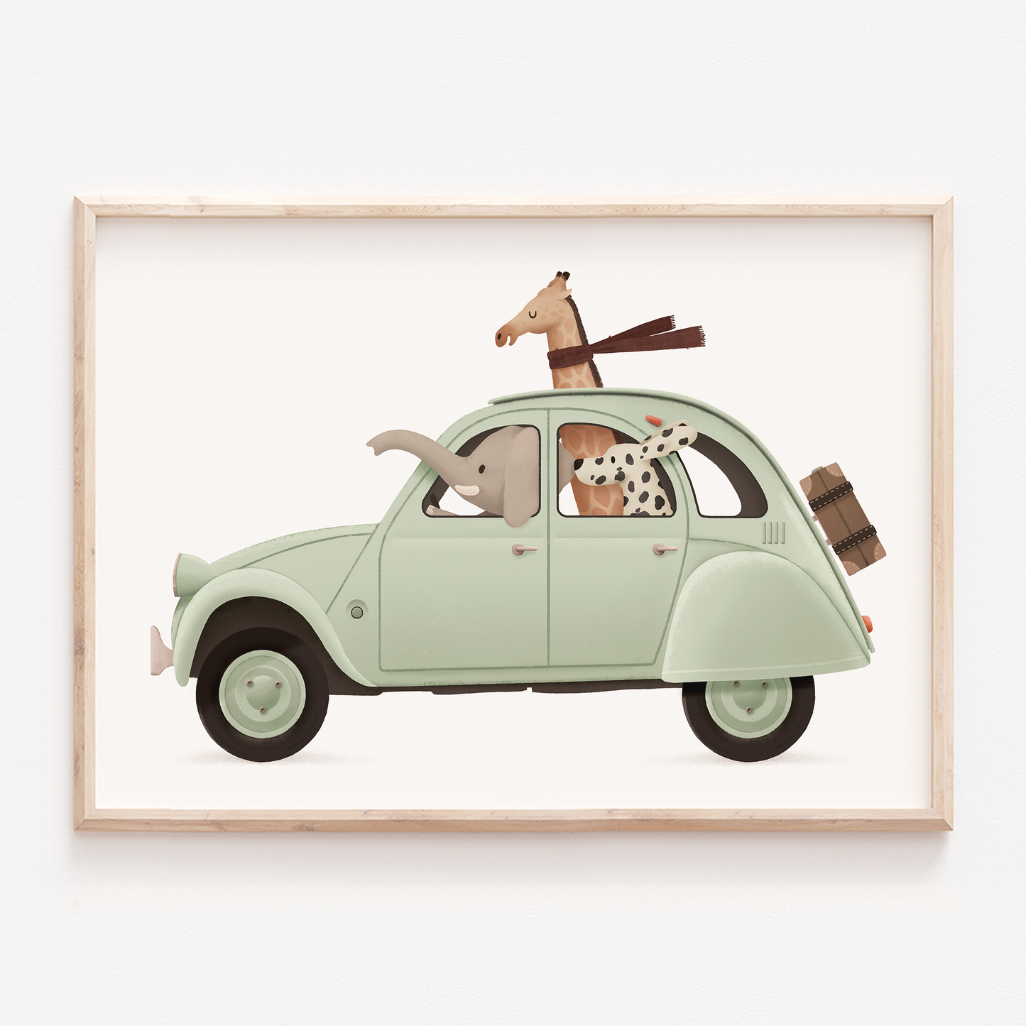 Whimsical animals green vintage car