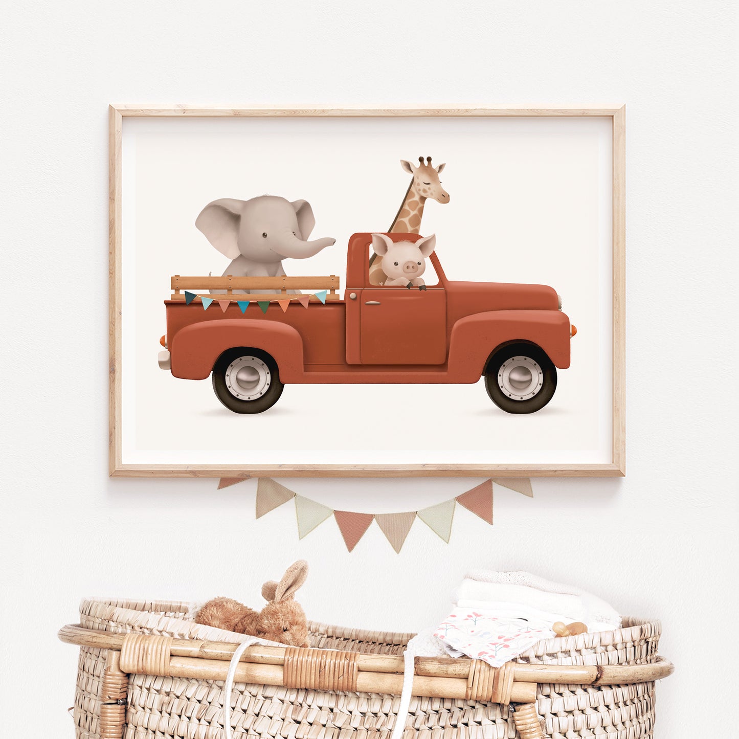 Vintage red pickup truck nursery print for boys room decor