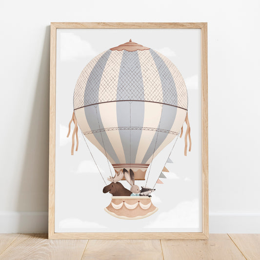 Blue hot air balloon nursery print, adventure-themed boys room decor, baby shower gift