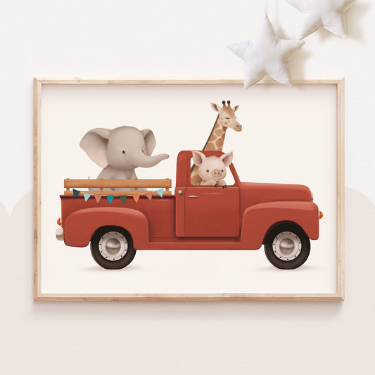 Vintage red pickup truck nursery print for boys room decor