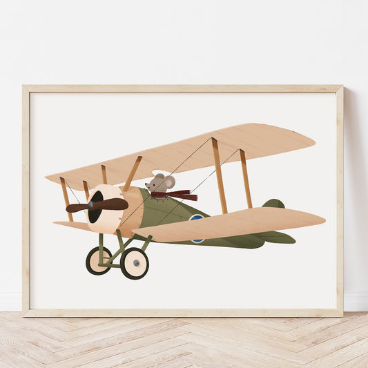 Little rabbit on a biplane nursery print