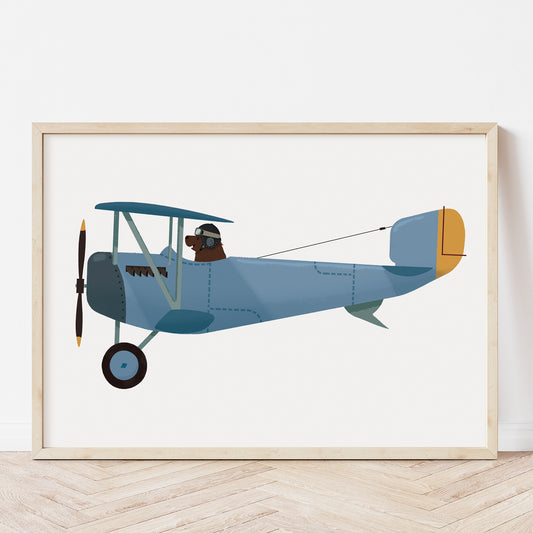 Blue biplane nursery print
