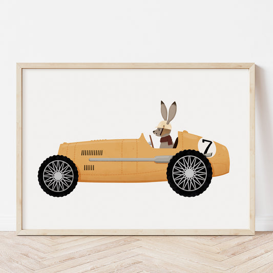 Rabbit driving a vintage racing car