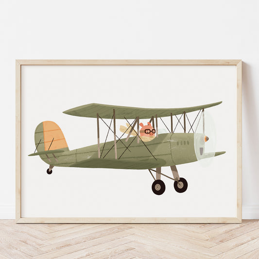 Green biplane nursery print