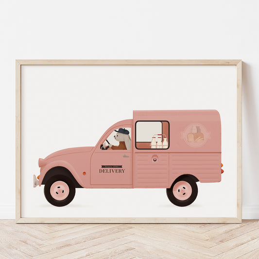 Whimsical animals - Delivery service pink car