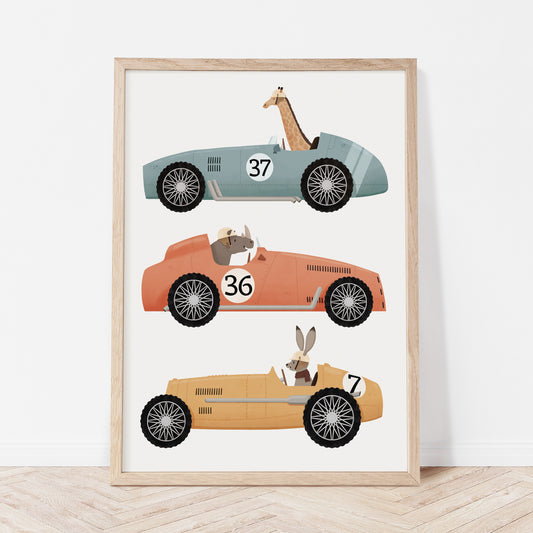 Cute animals in racing cars