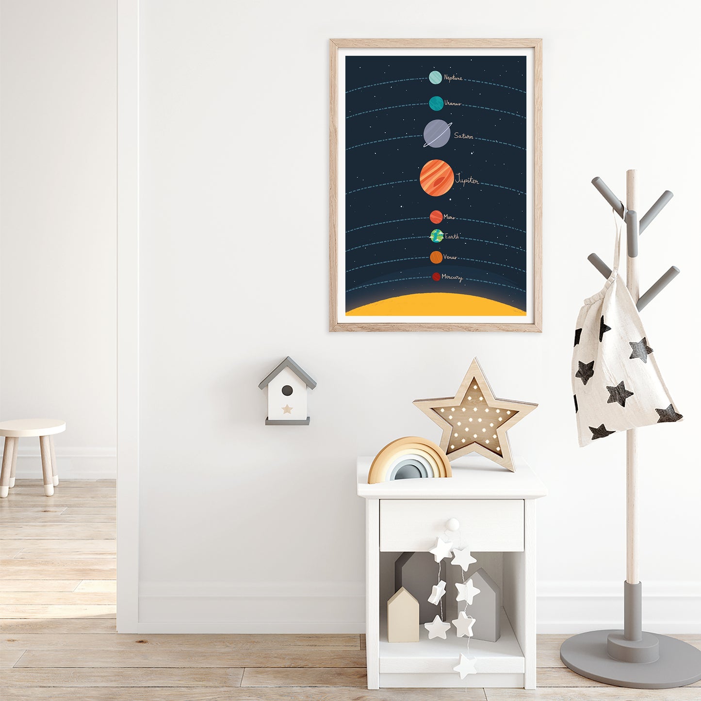Planets of the solar system in navy blue