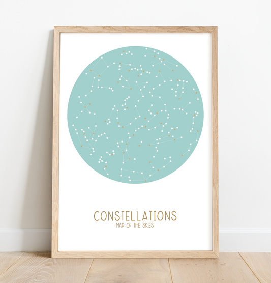 Constellations, map of the skies in teal print