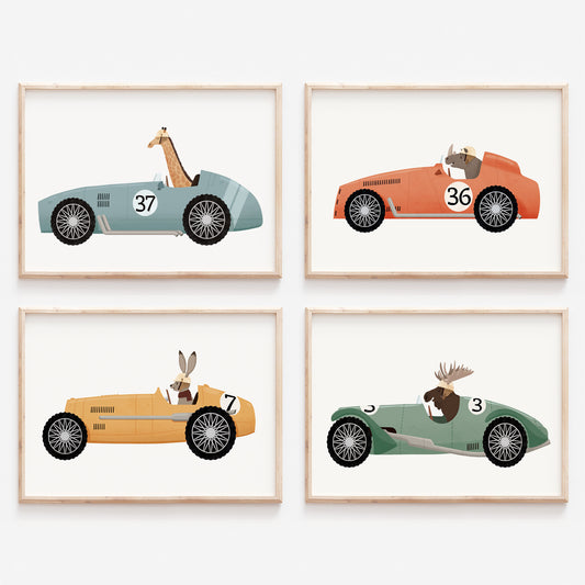 Set of four vintage racing cars prints