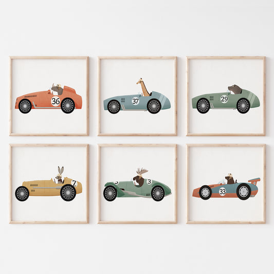 Set of six vintage racing cars prints