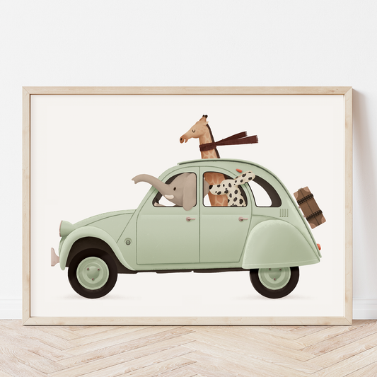 Whimsical animals green vintage car
