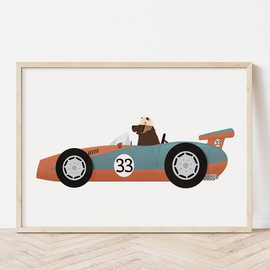 Bear driving a vintage racing car