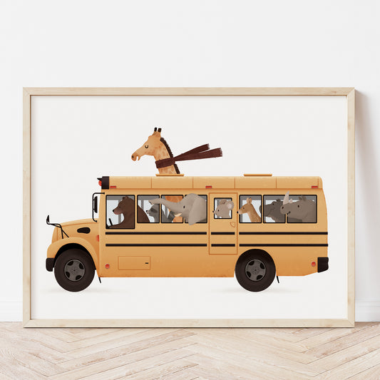 Whimsical animals in yellow school bus