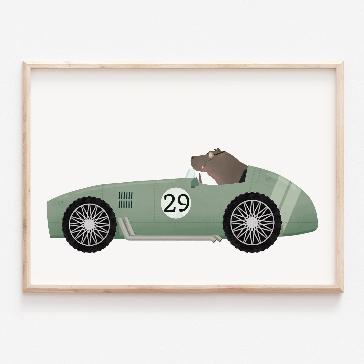 Hippo driving a vintage racing car