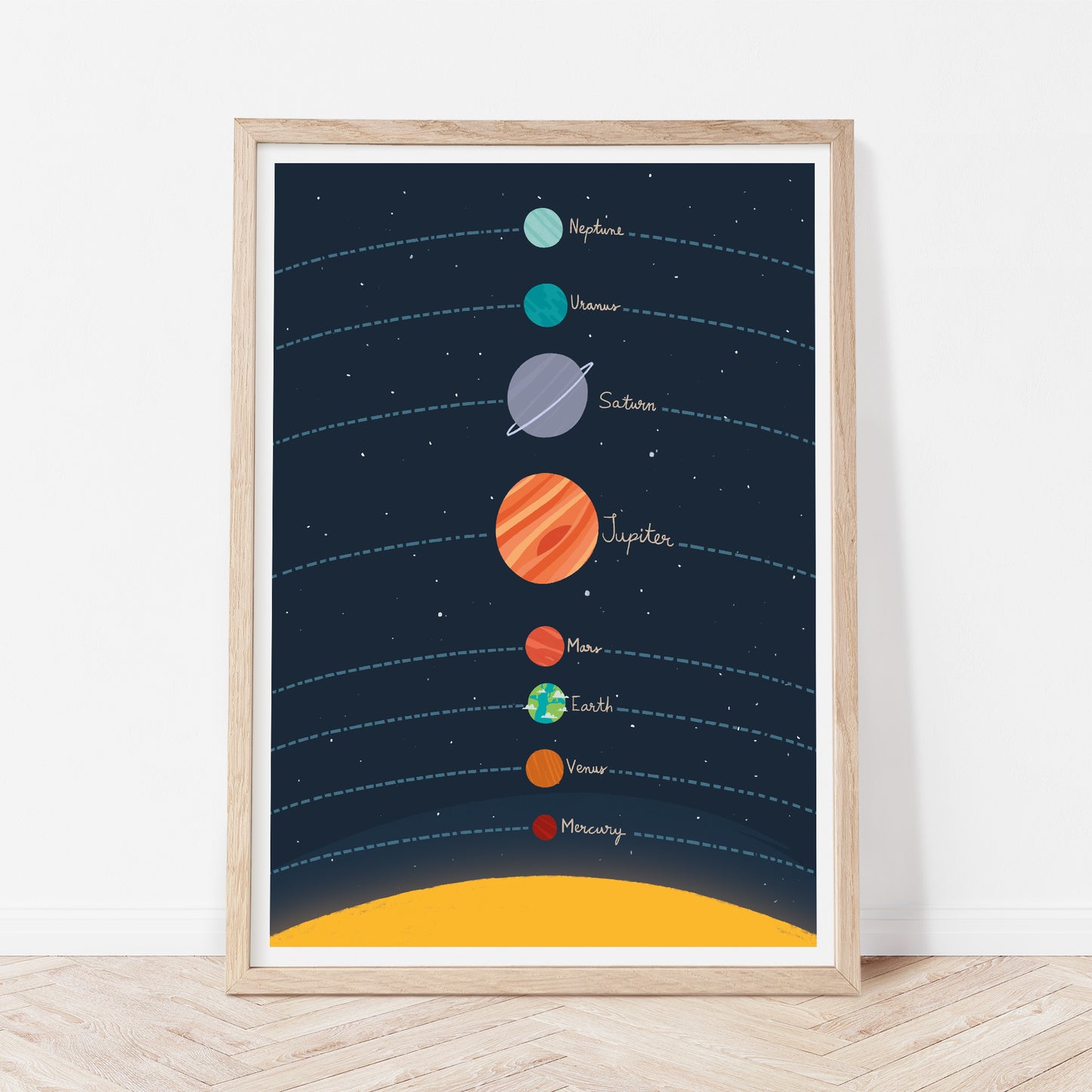 Planets of the solar system in navy blue