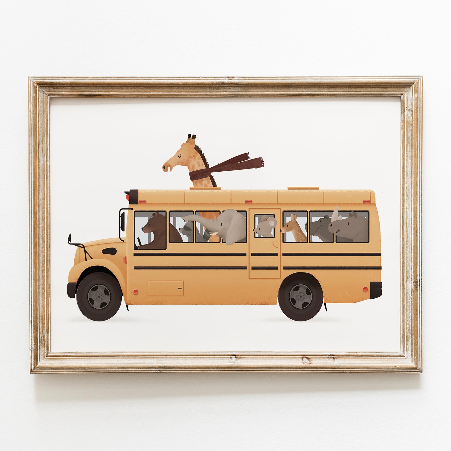 Whimsical animals in yellow school bus
