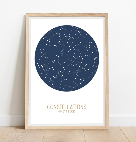 Constellations, map of the skies in blue print