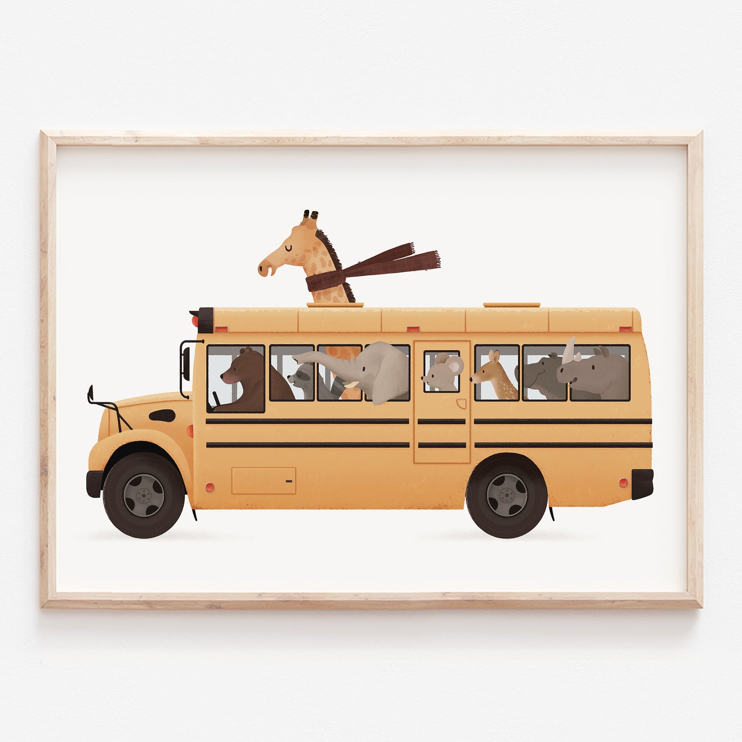 Whimsical animals in yellow school bus