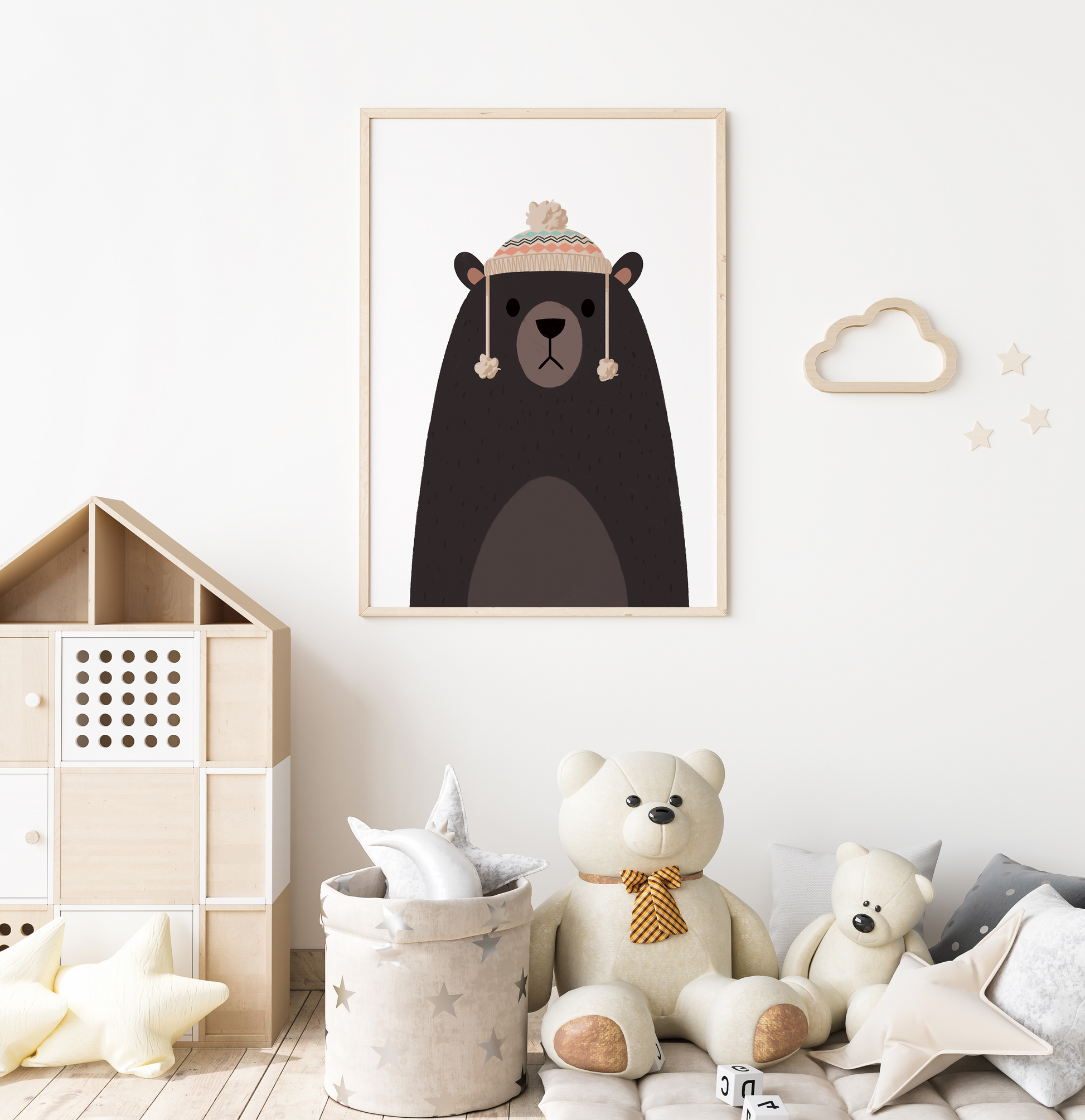 Hipster bear with hat nursery print