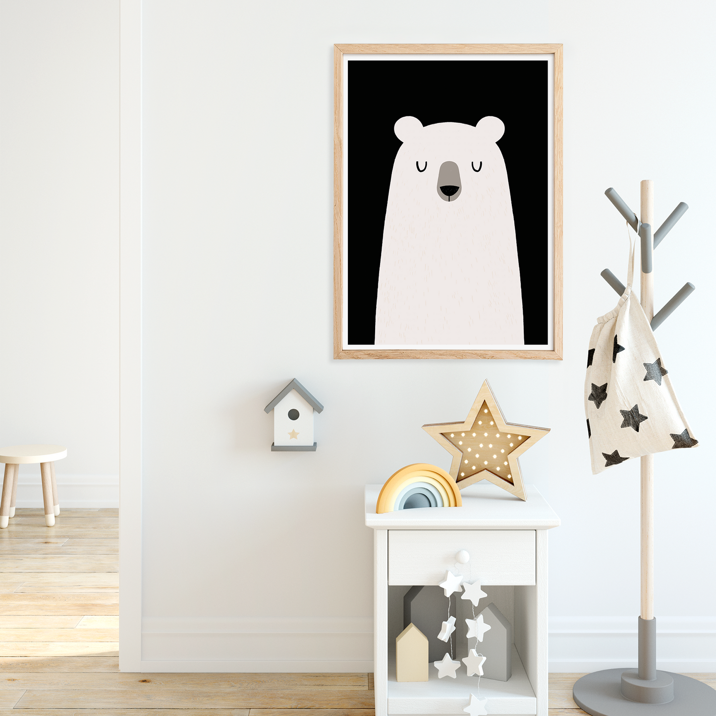 White bear on black background print